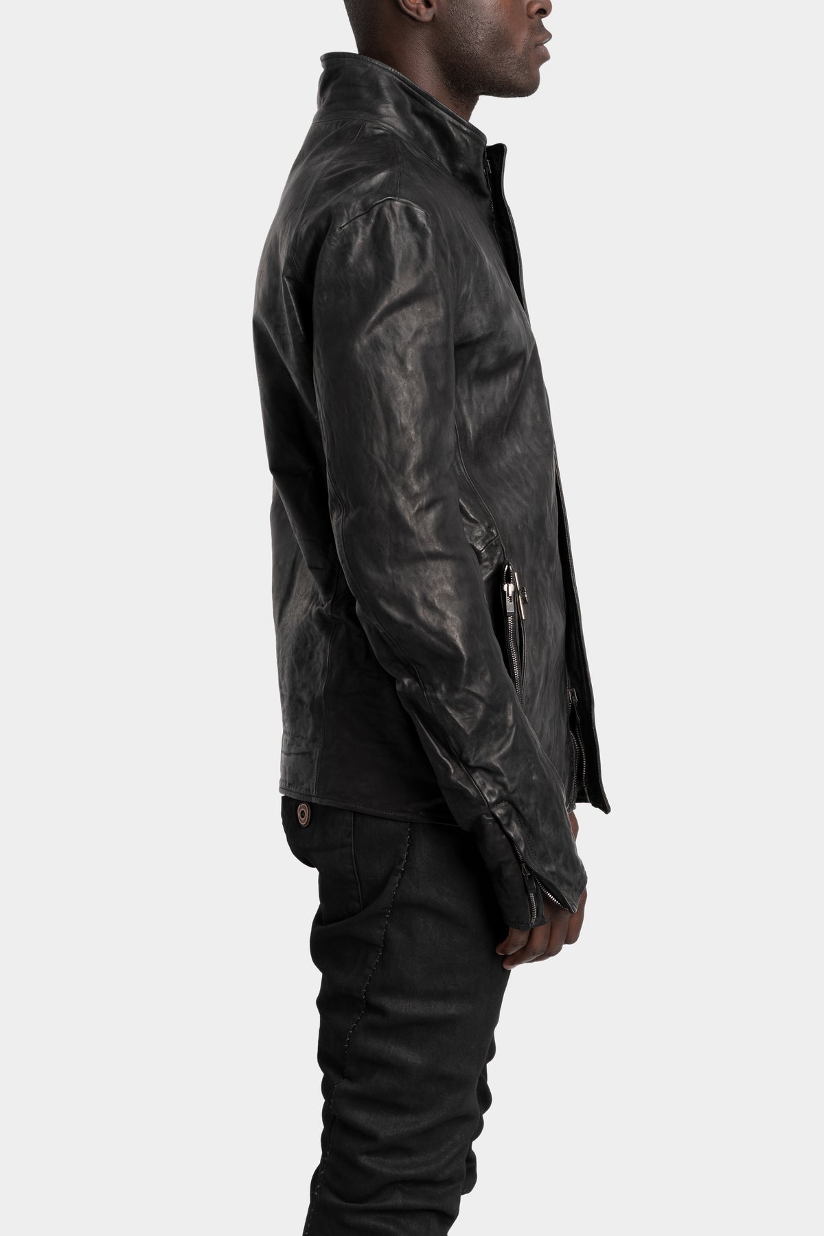 Standing collar double pocket leather jacket