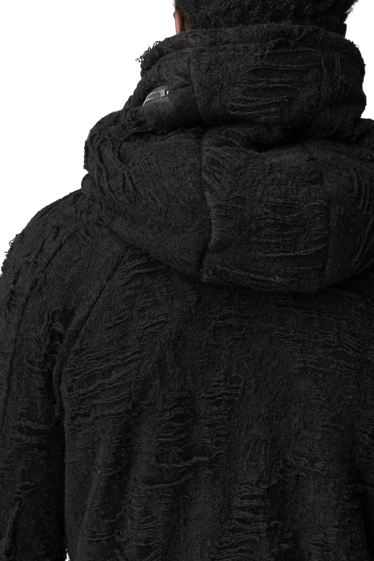Distressed terry zip hoody, Black