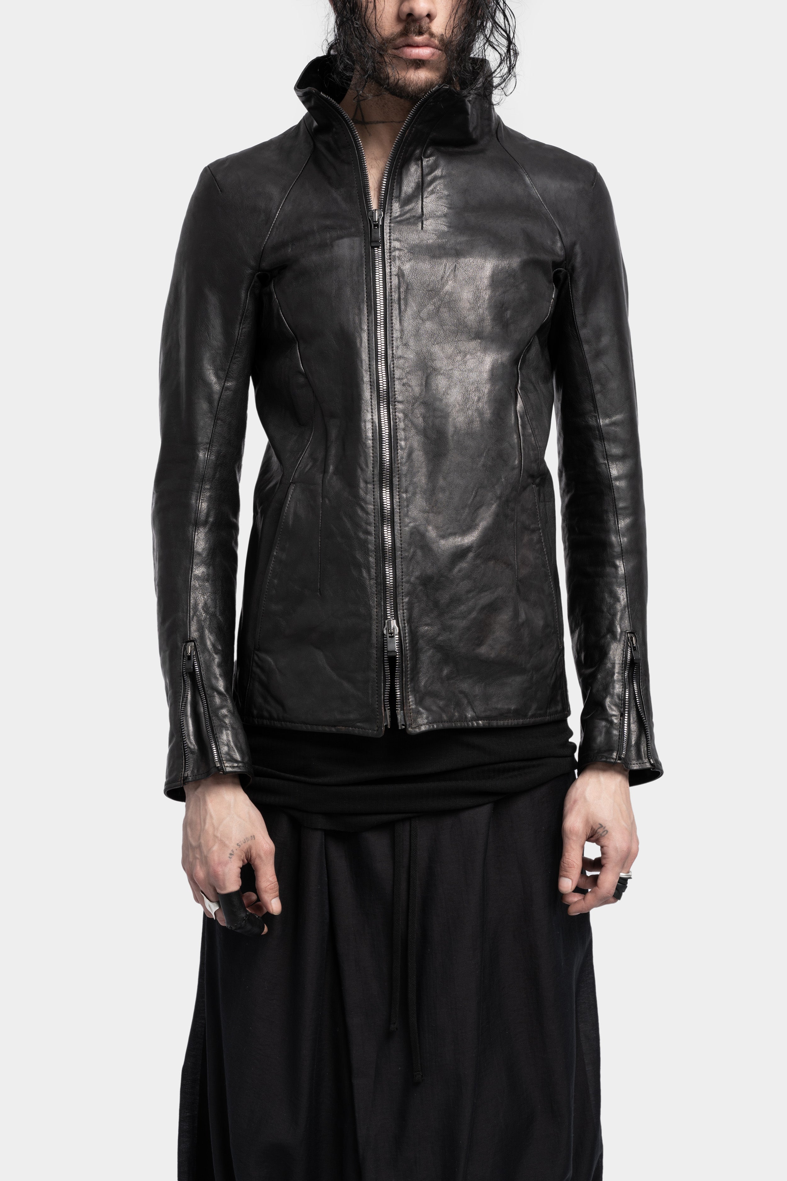 S High neck asymmetrical zip leather jacket