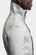 High neck darted raglan shoulder scar stitch leather jacket, Dirty Light Grey