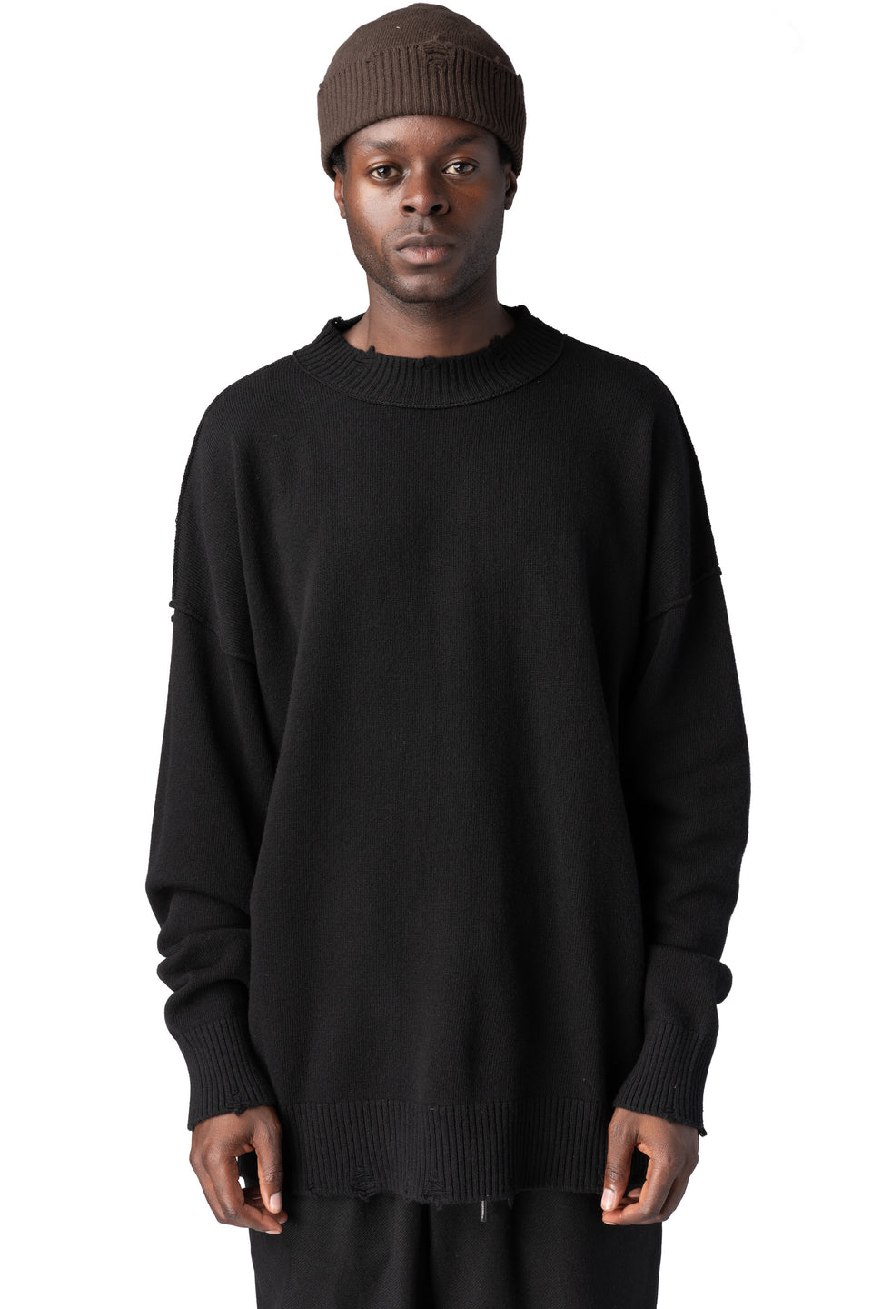 Destroyed knitted cashmere wool beanie, Tobacco