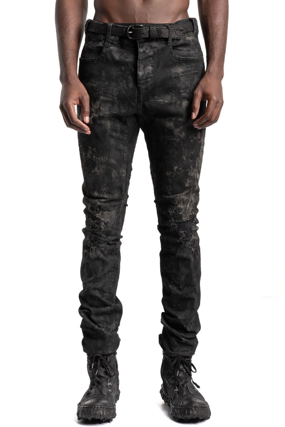 Garment-Dyed Stretch Denim Damage Repair Straight Slim Pants