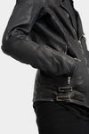 Scar stitch leather biker jacket, Overdyed Black