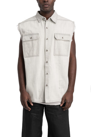 Rick Owens DRKSHDW | Sleeveless Tommy Overshirt, Milk Wash Denim DU01F4764 DMW