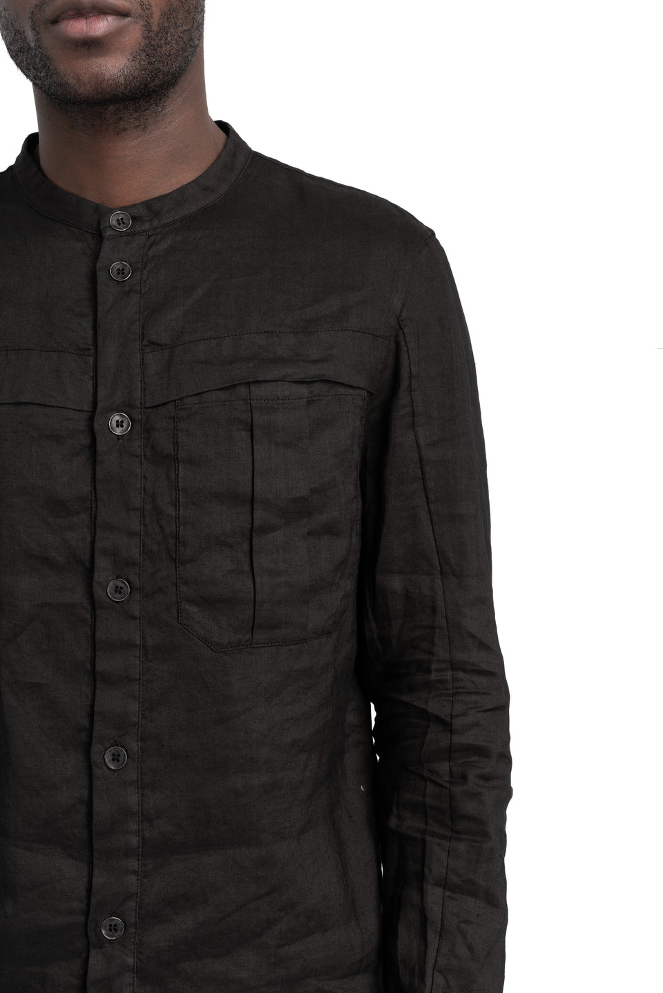 Woven Ramie Pleated Shirt, Black