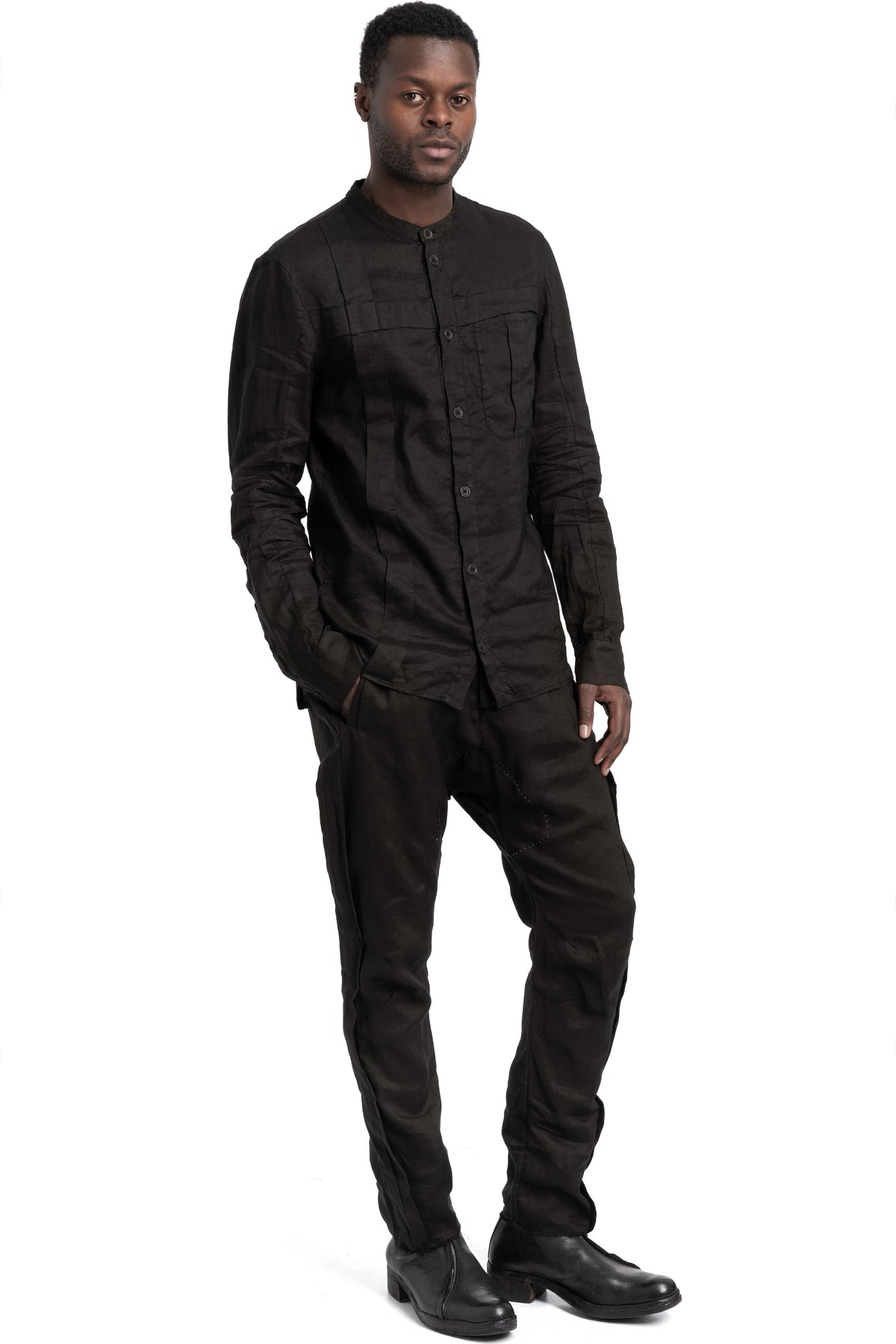 Masnada | SS26 - Woven Ramie Pleated Shirt, Black M3675