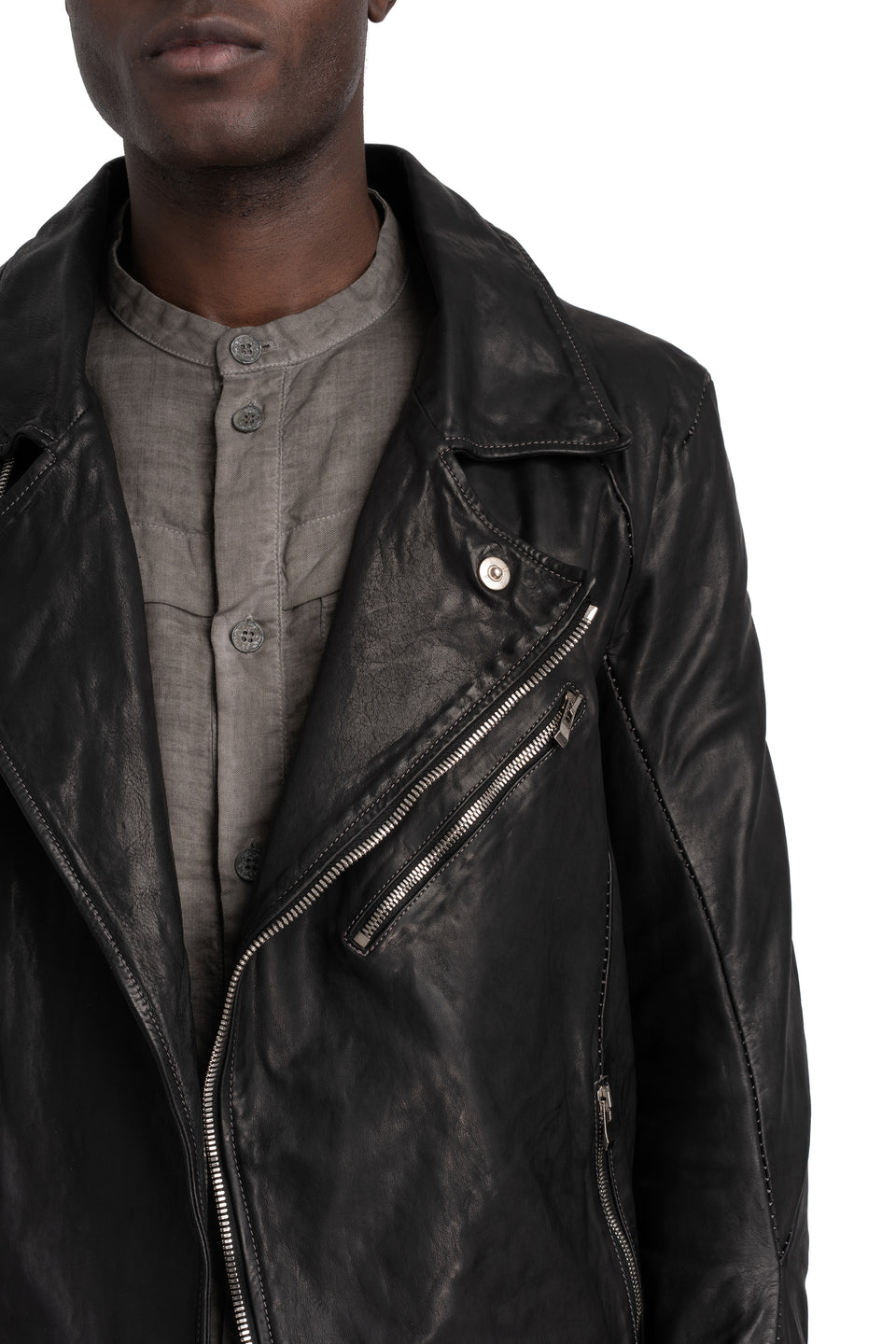 Scar stitch leather biker jacket, Deep black