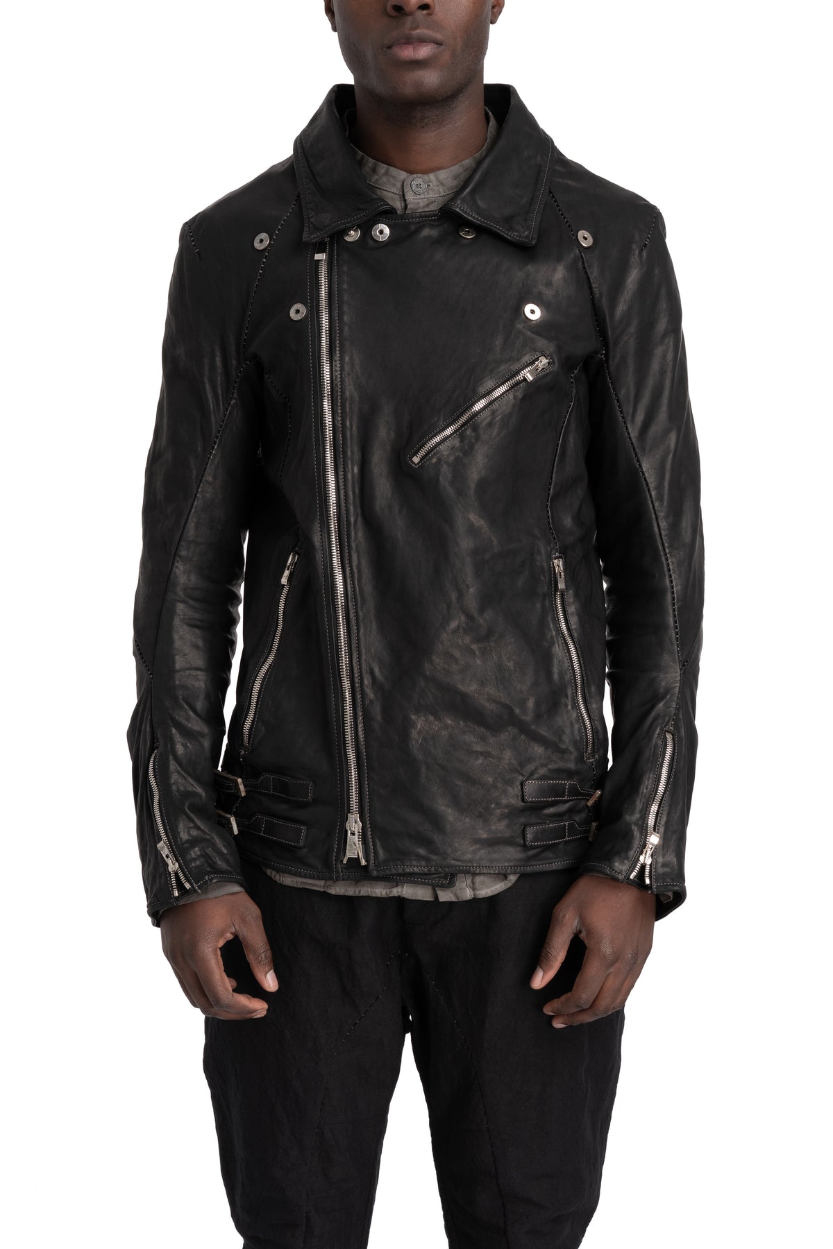 Incarnation | Scar stitch leather biker jacket, Deep black 11-41587S