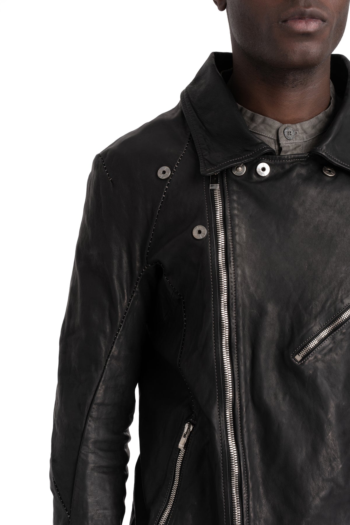 Incarnation | Scar stitch leather biker jacket, Deep black 11-41587S