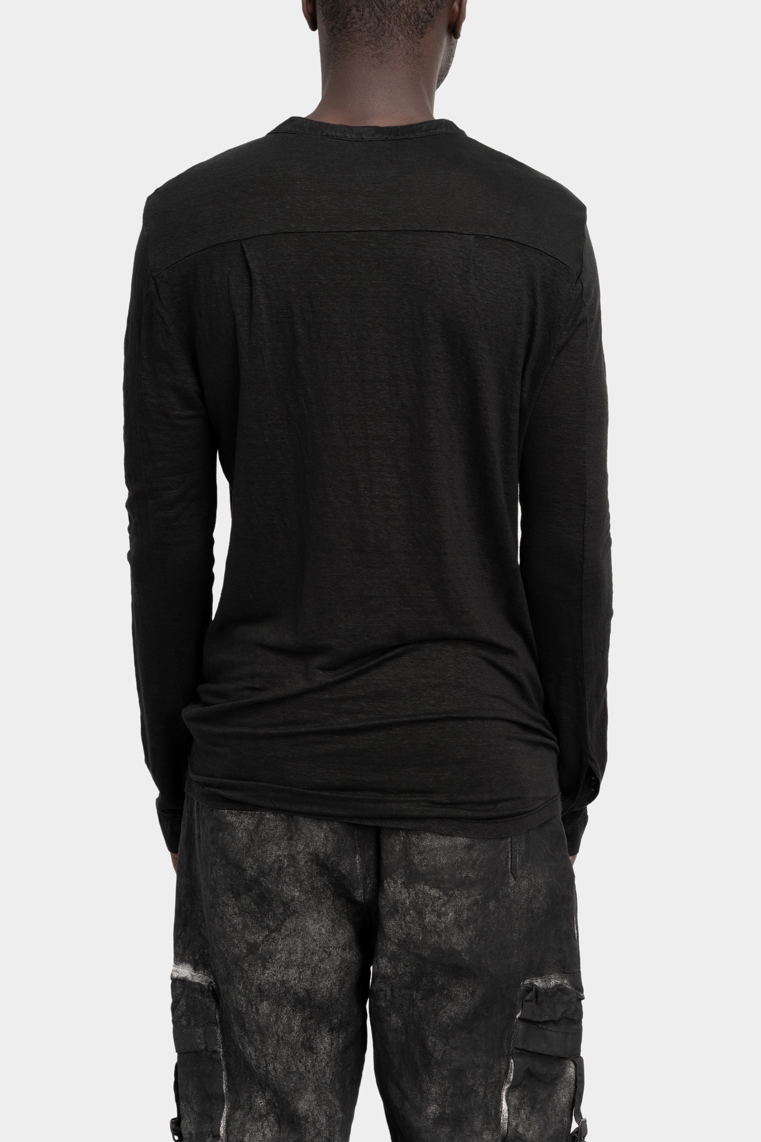 【MODERNIF】Normal Linen Long Sleeve T-Shirt Linen-Long-Sleeve-Split-Neck-T