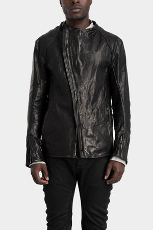 Incarnation | Collarless curved zip leather jacket, 12811-41757, front view on model