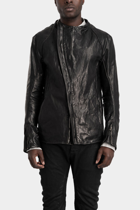 Incarnation | Collarless curved zip leather jacket, 12811-41757, front view on model