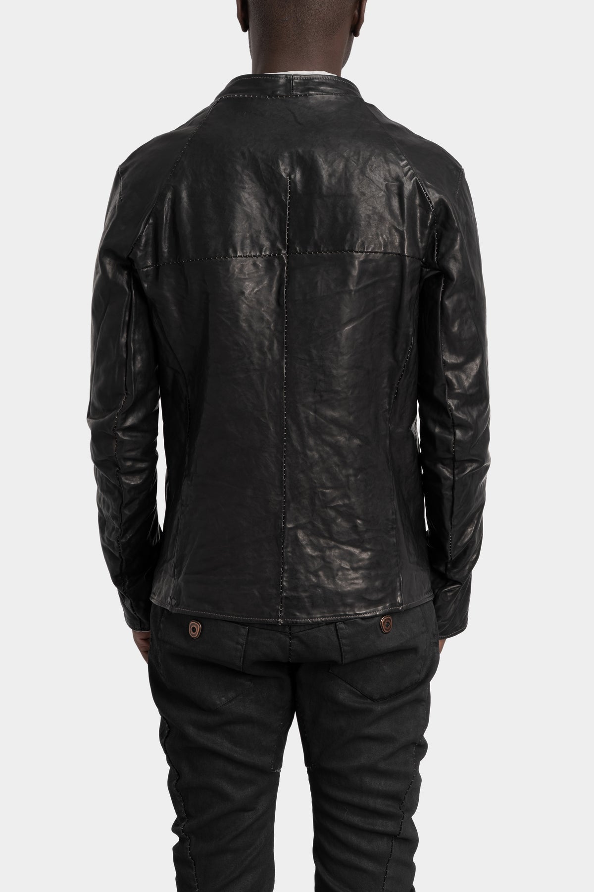 Collarless curved zip leather jacket