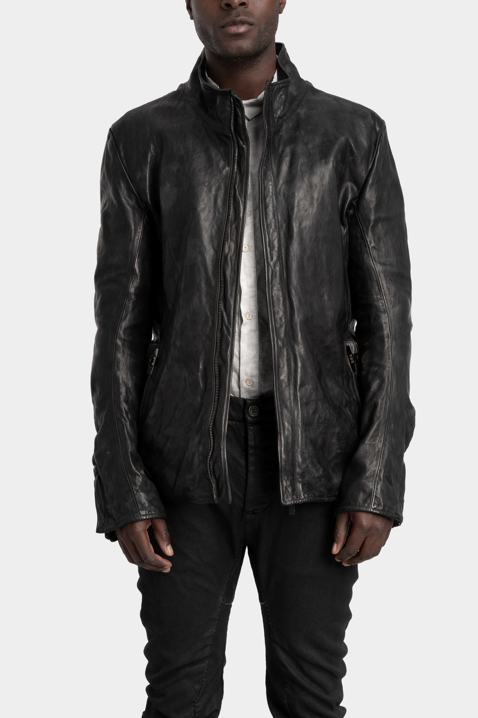Standing collar double pocket leather jacket