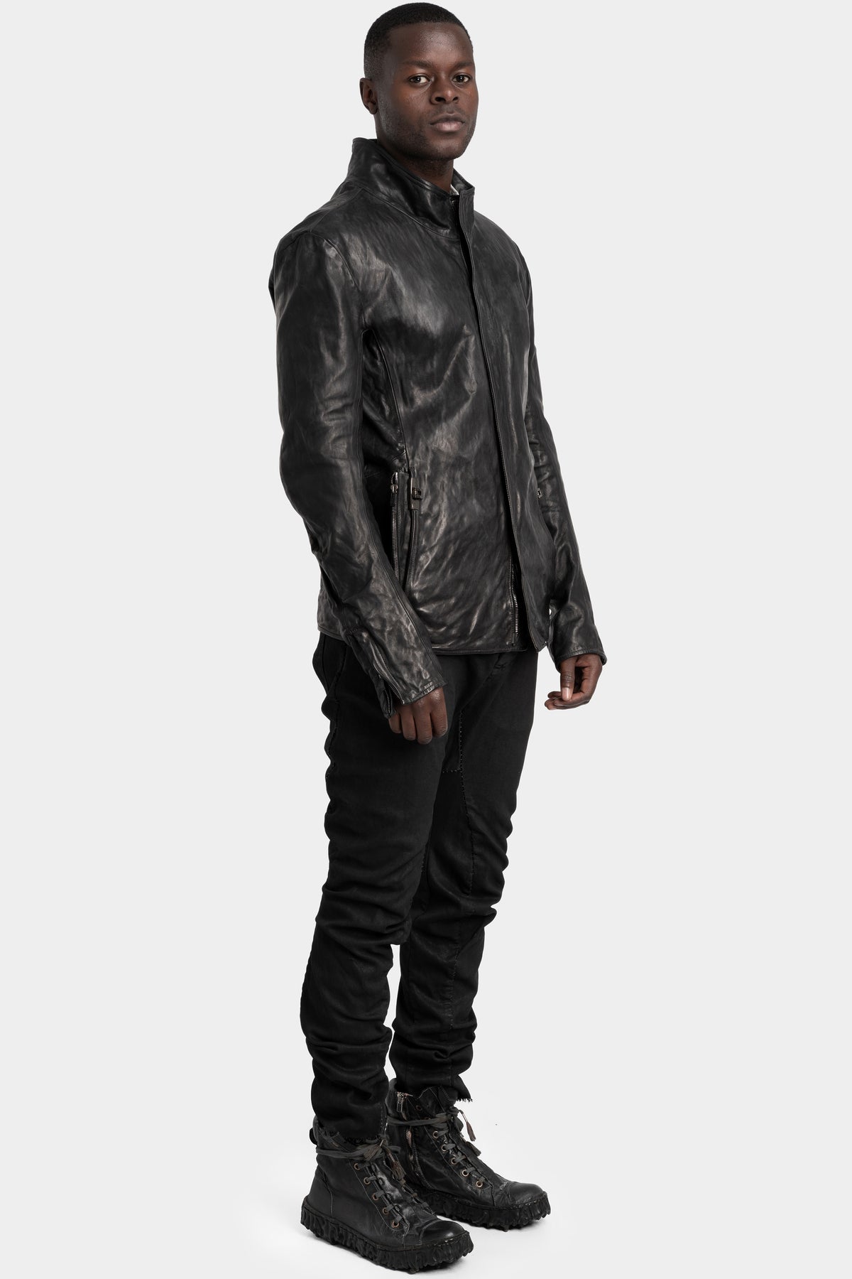 Standing collar double pocket leather jacket