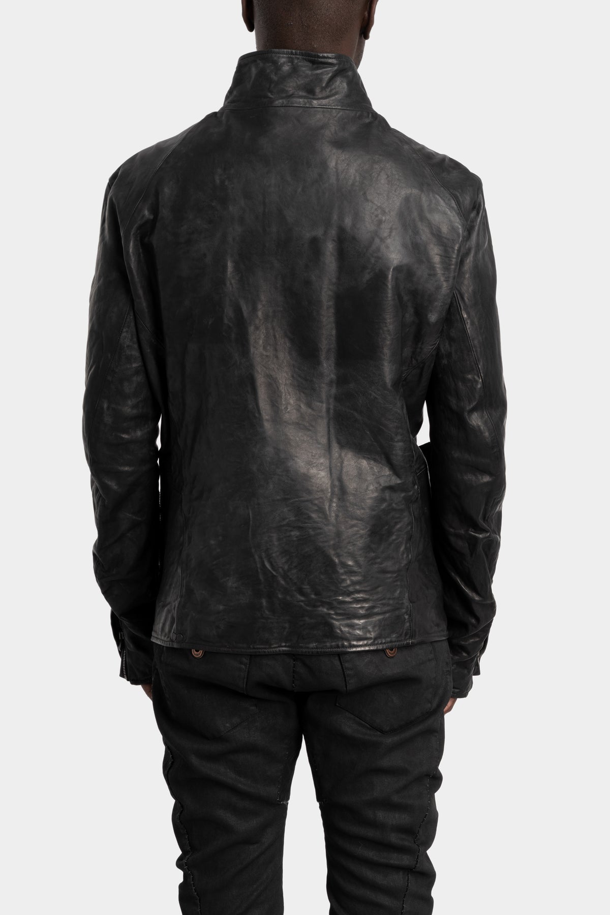 Standing collar double pocket leather jacket