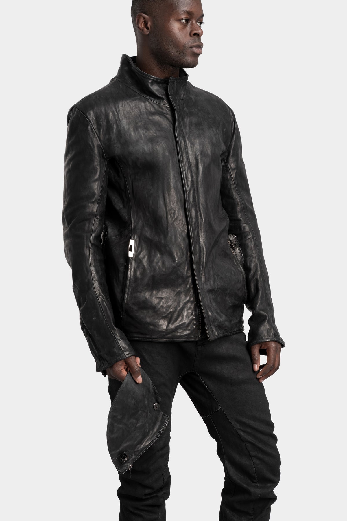 Standing collar double pocket leather jacket