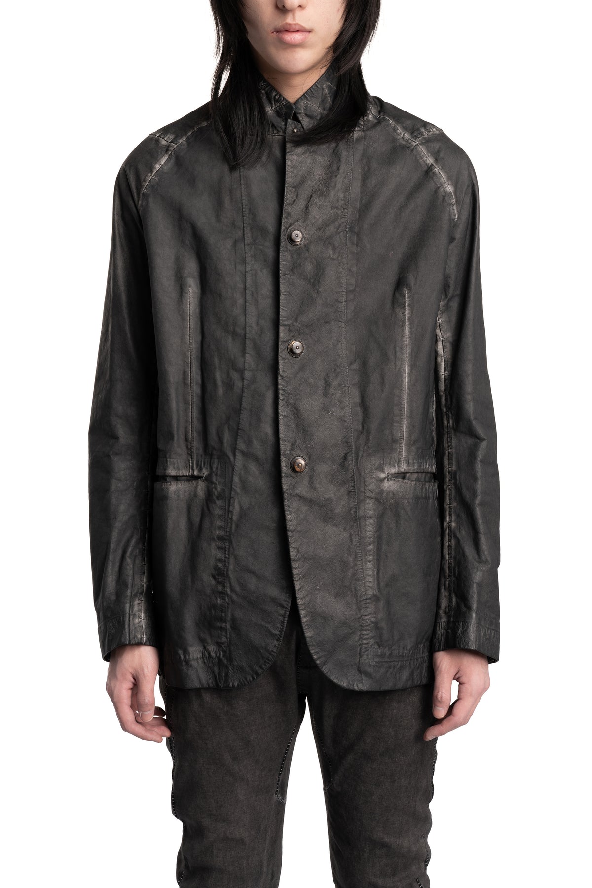 Isaac Sellam | SS26 - Raglan Sleeve Membrane Leather Blazer, Plomb DETENDU