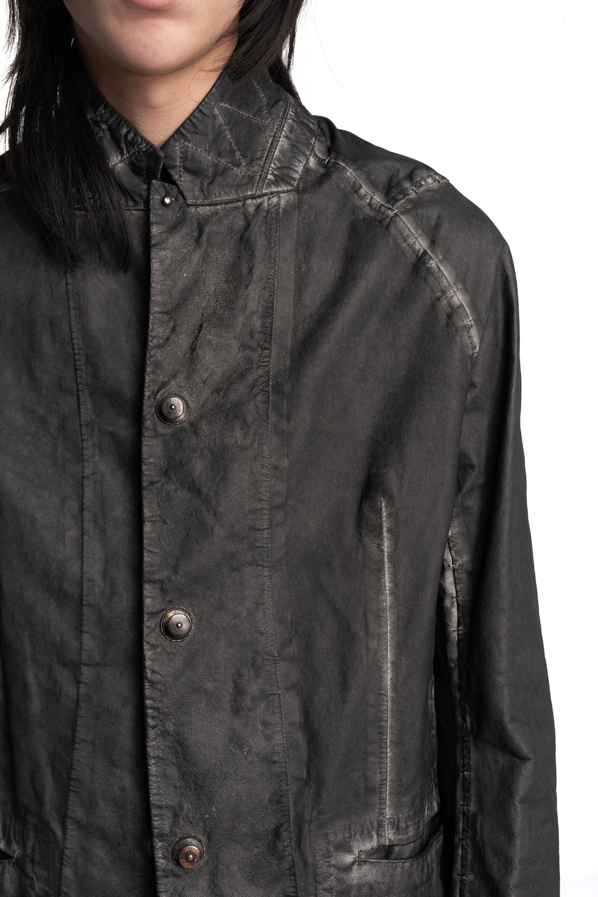 Isaac Sellam | SS26 - Raglan Sleeve Membrane Leather Blazer, Plomb DETENDU