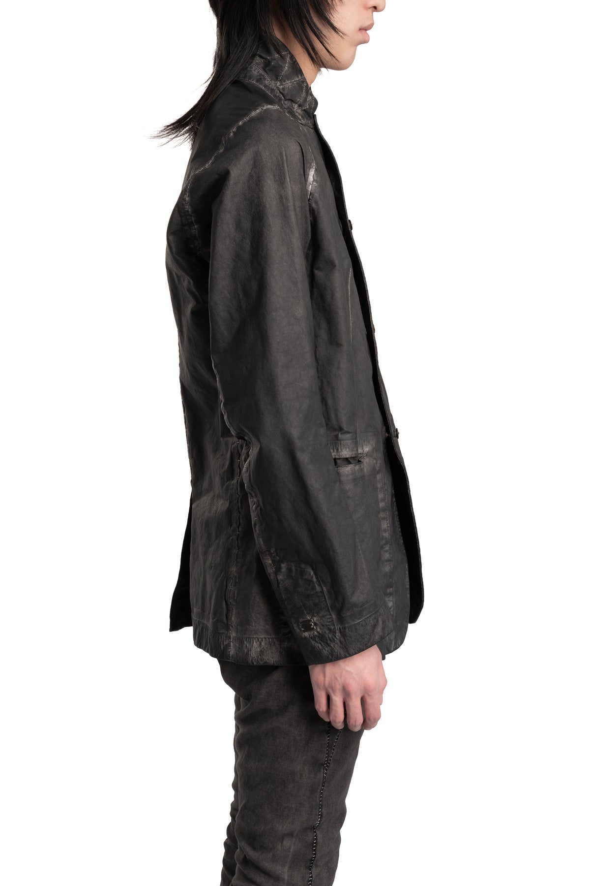 Isaac Sellam | SS26 - Raglan Sleeve Membrane Leather Blazer, Plomb DETENDU