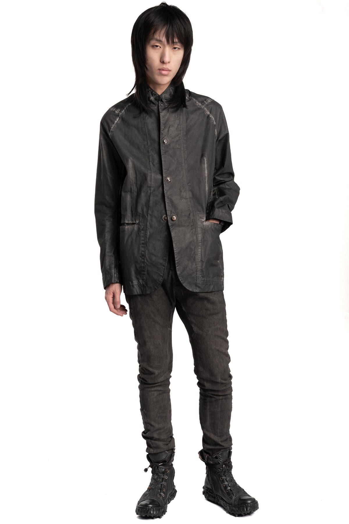 Isaac Sellam | SS26 - Raglan Sleeve Membrane Leather Blazer, Plomb DETENDU