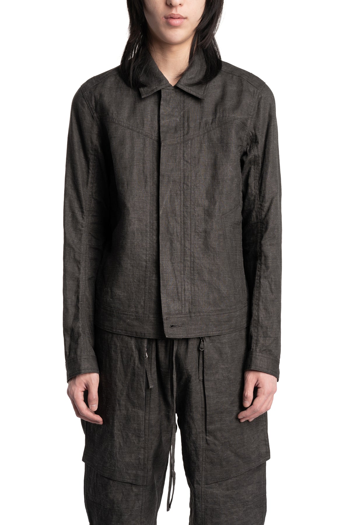 Blackmerle | SS26 - Ink-Coated Flax Trousers, 261-B01-500IC