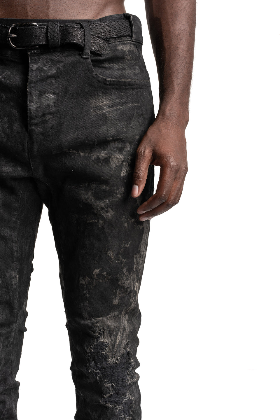 Garment-Dyed Stretch Denim Damage Repair Straight Slim Pants