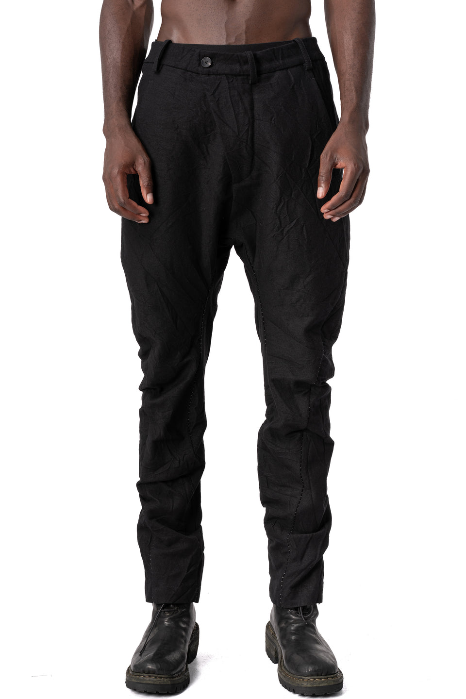 Crushed wool and linen baggy stitched trousers, Black