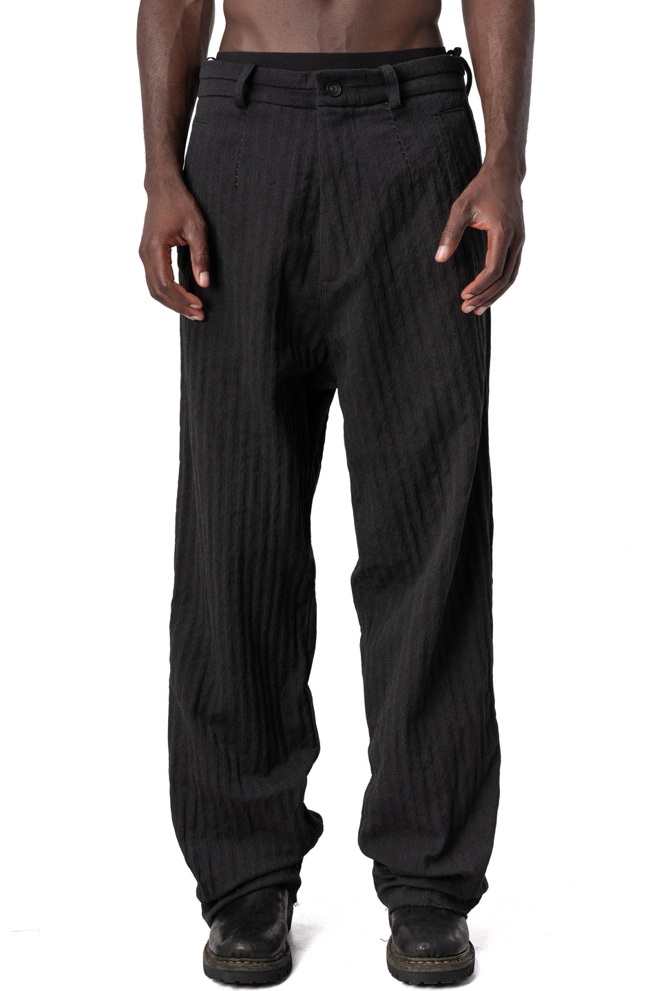 Stretch corrugated cotton wide-leg pants, Black