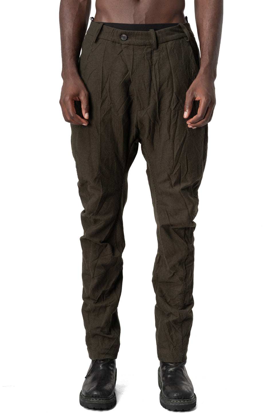 Crushed wool and linen baggy stitched trousers, Mocha