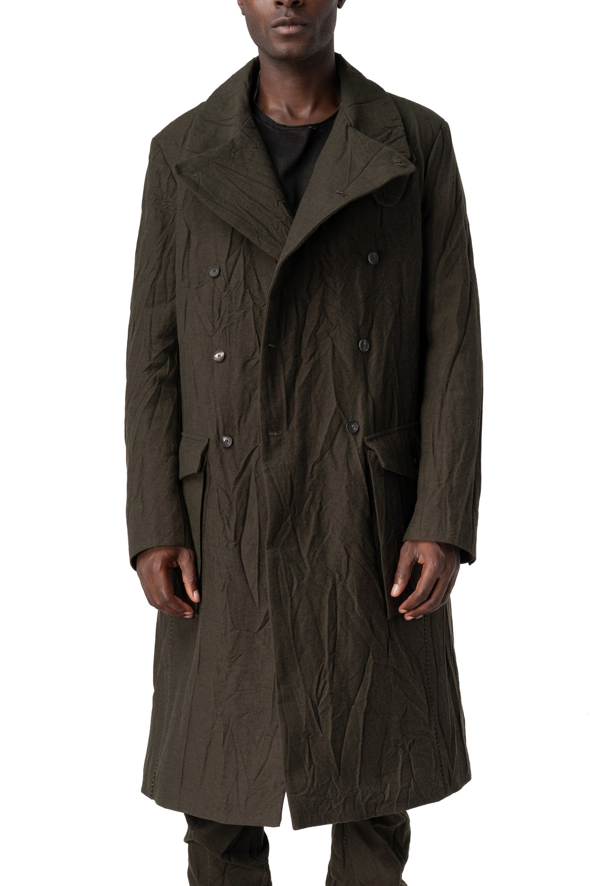 Masnada | AW26 - Crushed wool and linen pocket coat, Mocha M3730, front view on model