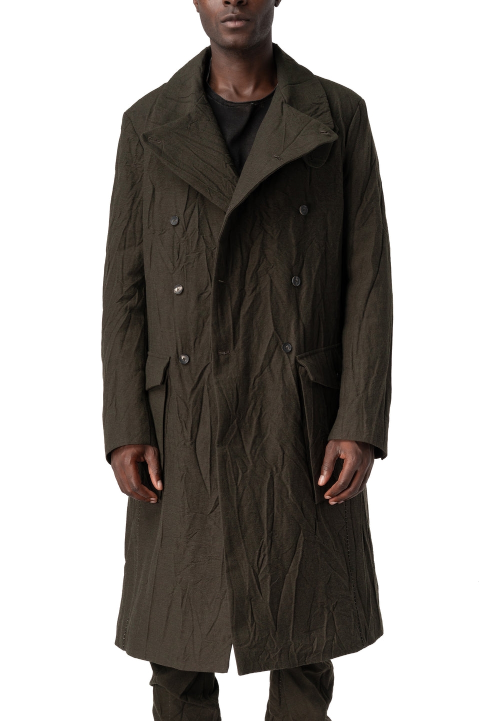 Double-breasted crushed wool and linen pocket coat, Mocha