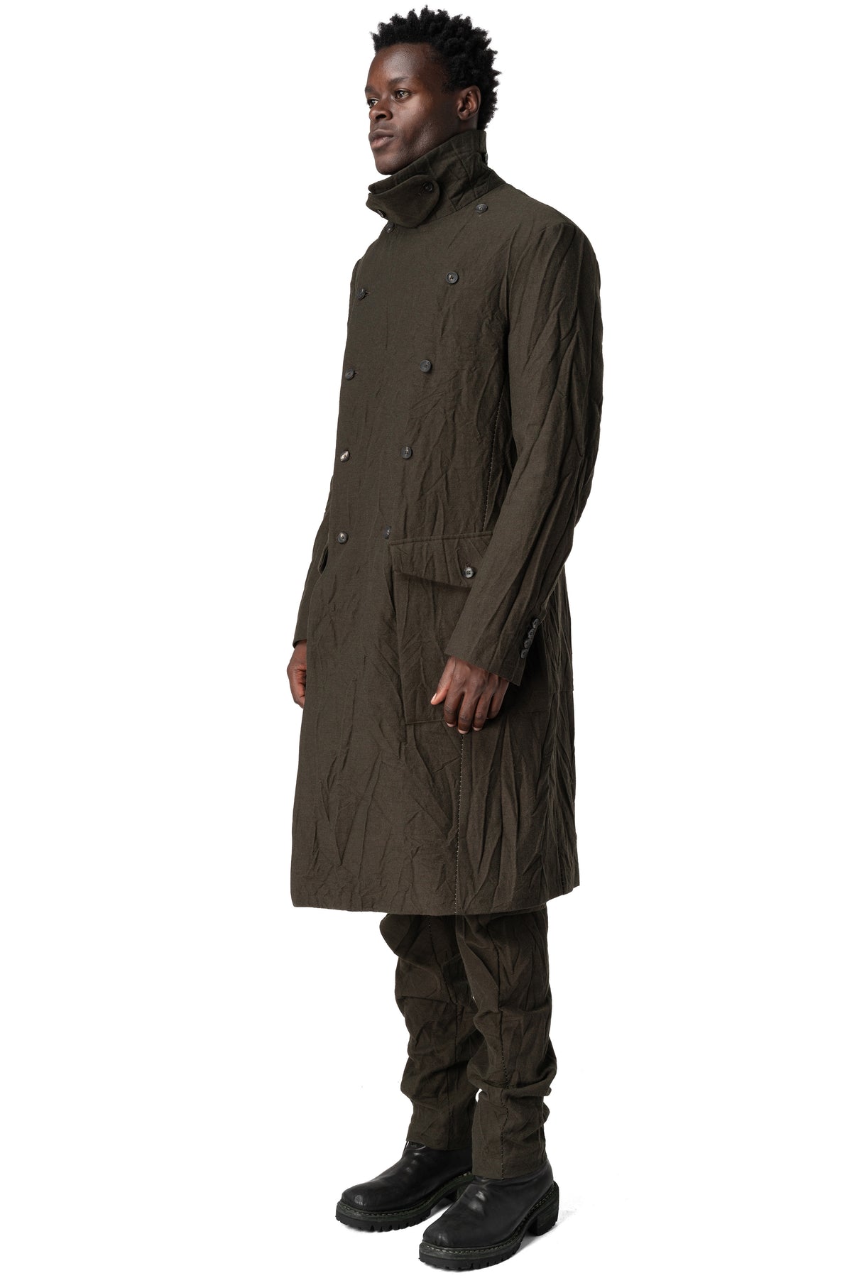 Double-breasted crushed wool and linen pocket coat, Mocha