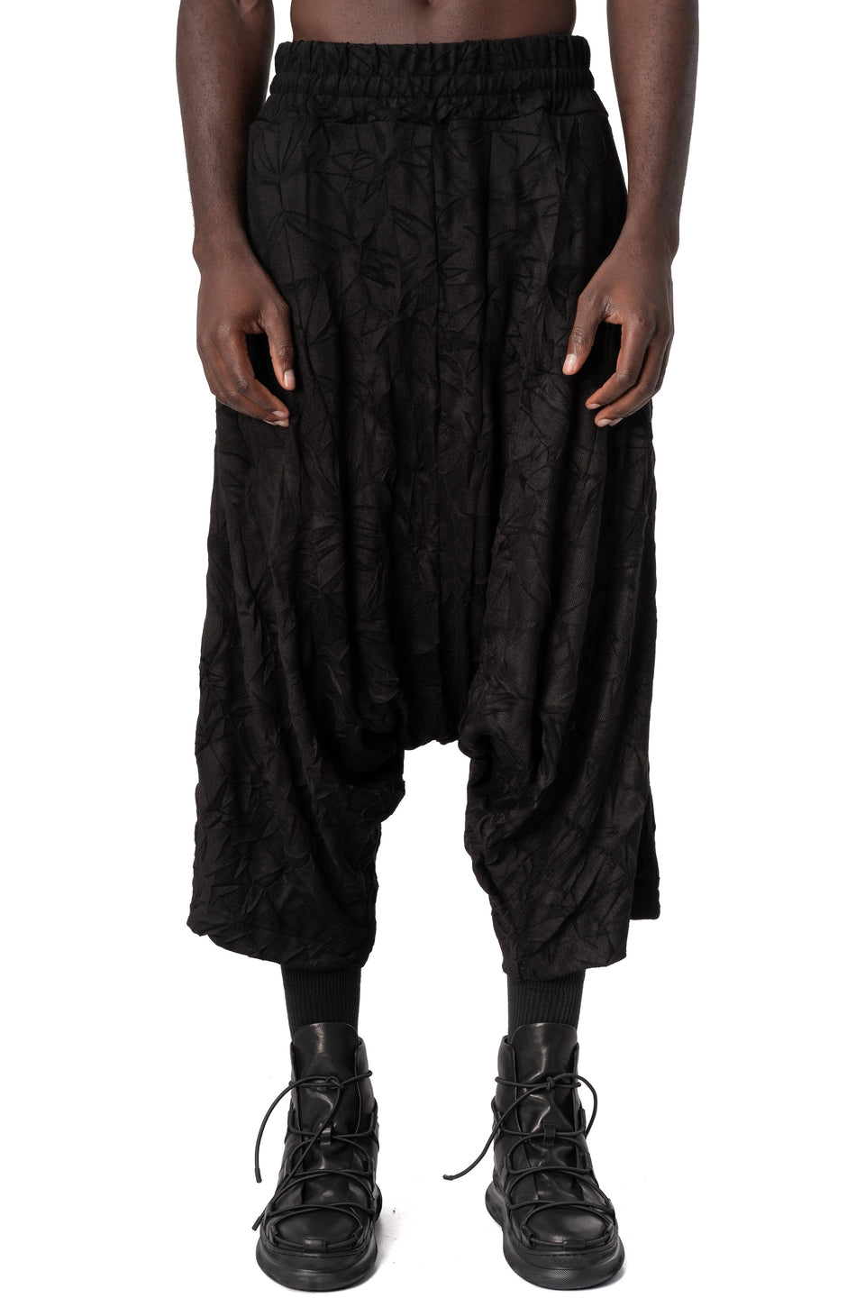 Oversized low-crotch wrinkled jersey trousers