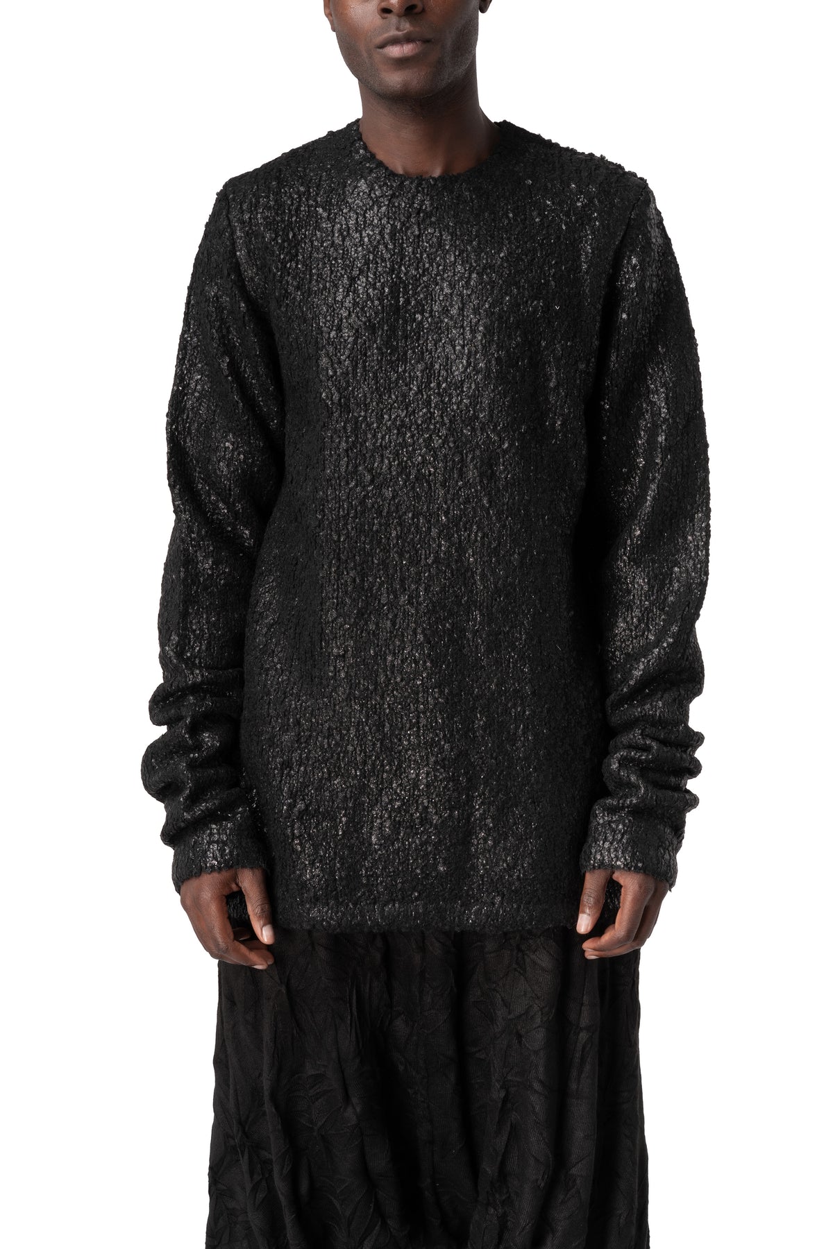 La Haine Inside Us | AW26 - Long bouclé knit sweater, Black M1297, front view