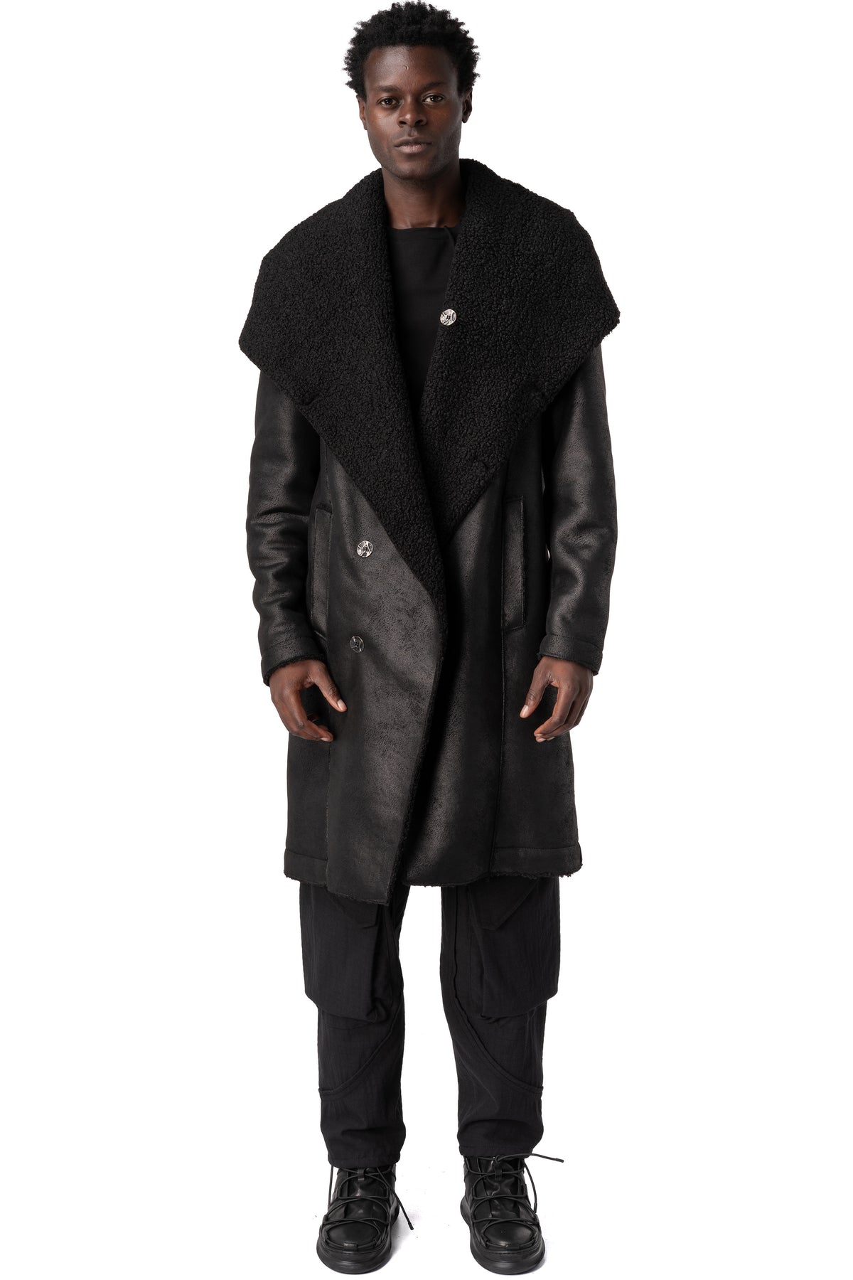 Faux sheepskin hooded coat, Black