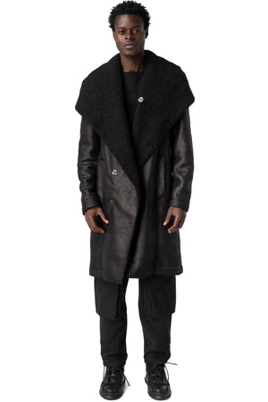 Faux sheepskin hooded coat, Black