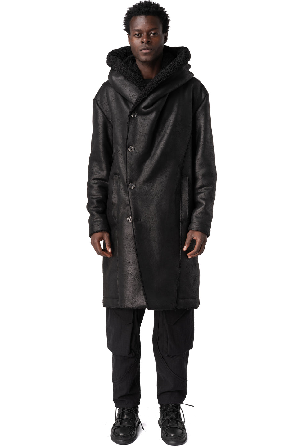 Faux sheepskin hooded coat, Black