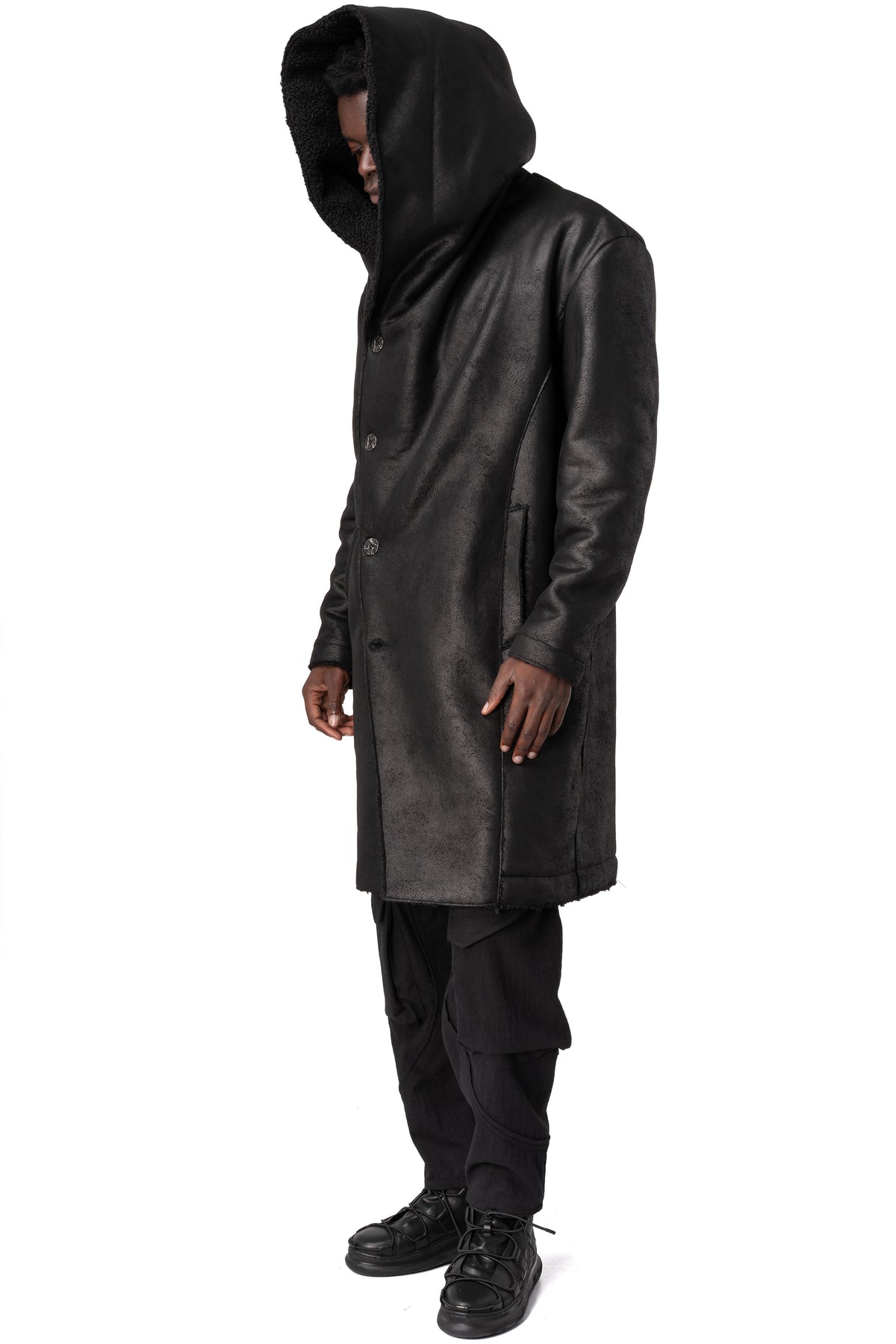 Faux sheepskin hooded coat, Black