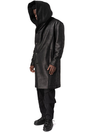 Faux sheepskin hooded coat, Black