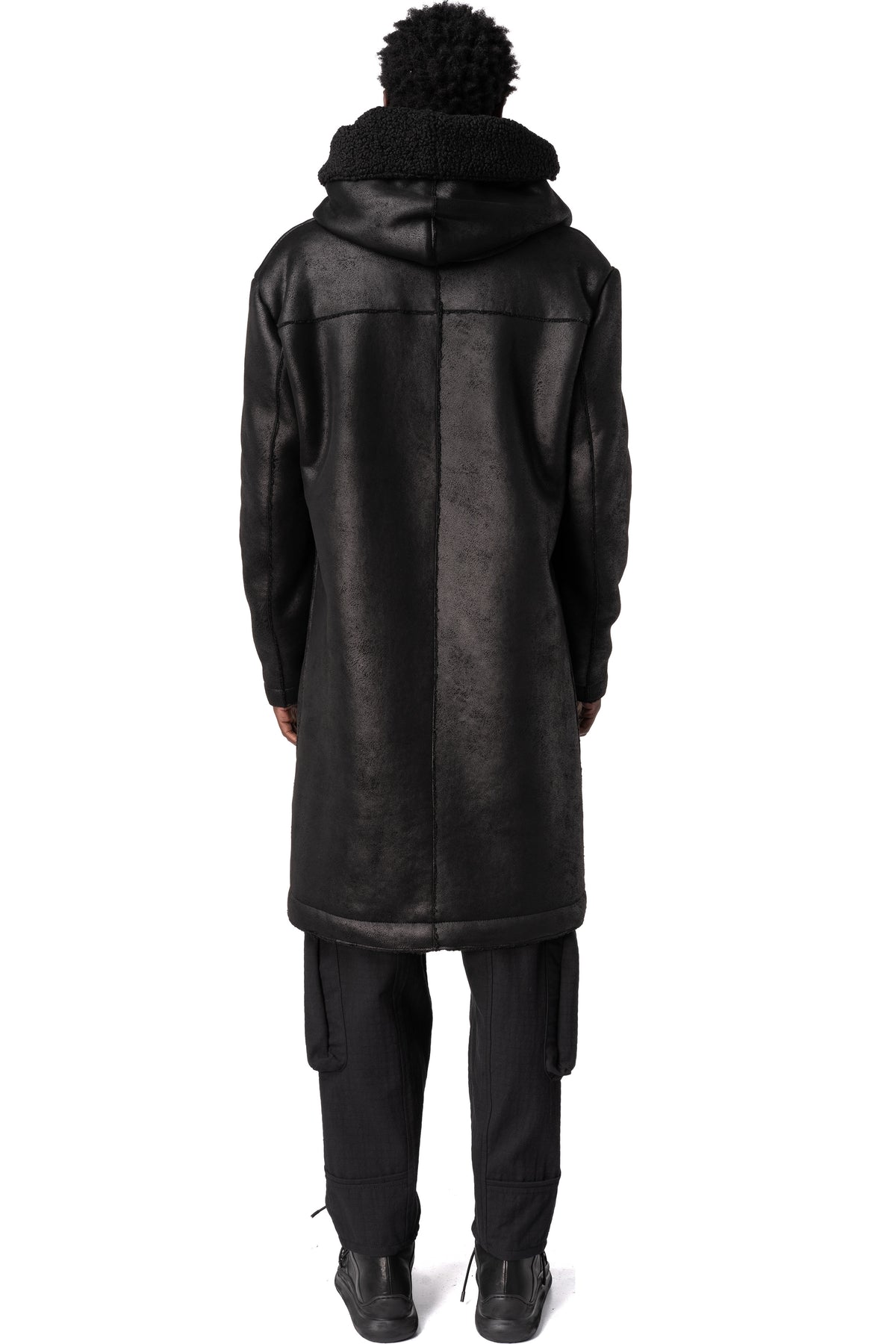 Faux sheepskin hooded coat, Black