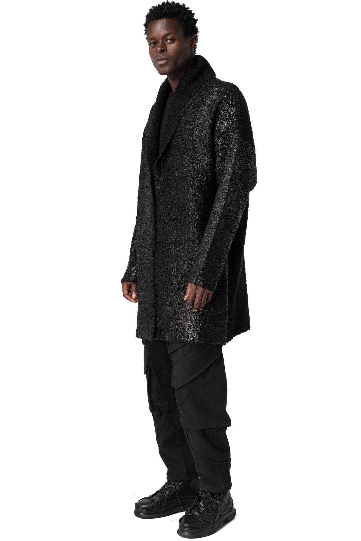 Reversible coated bouclé knit coat, Black