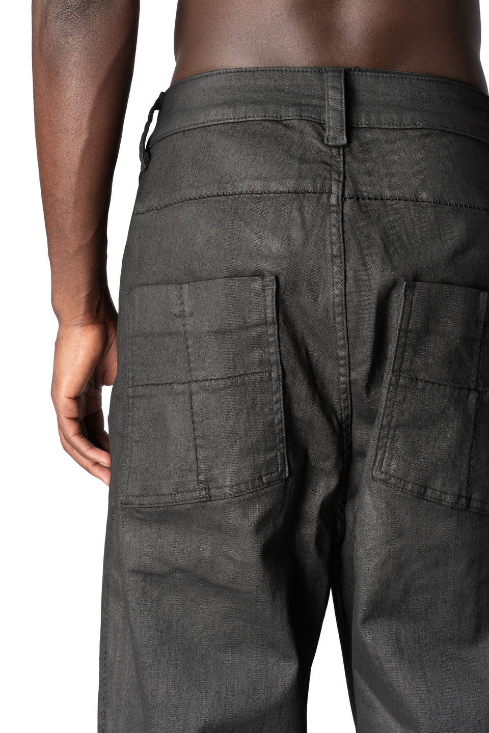 Wide Coated stretch denim trousers