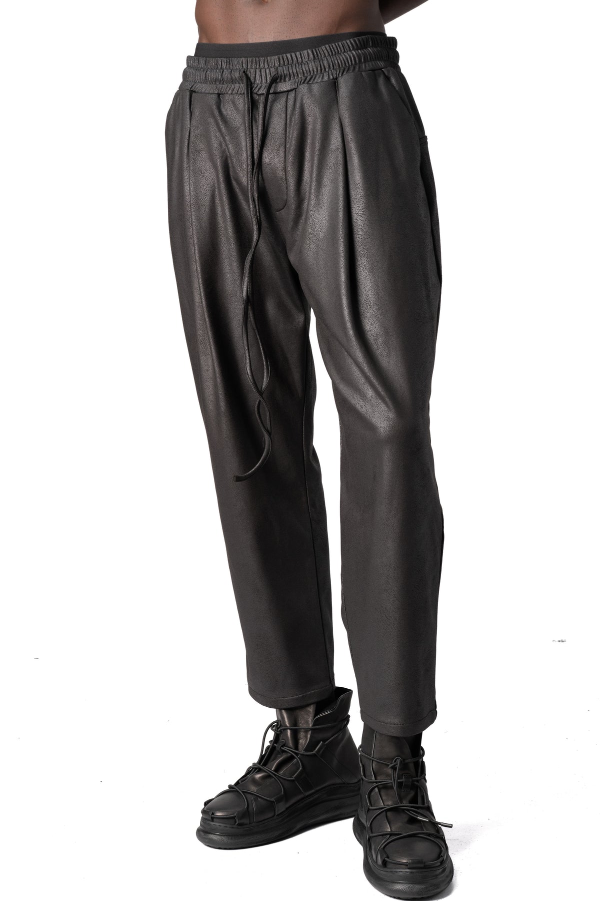 Never Enough | AW26 - Eco vegan leather drawstring pants, Black MPA070