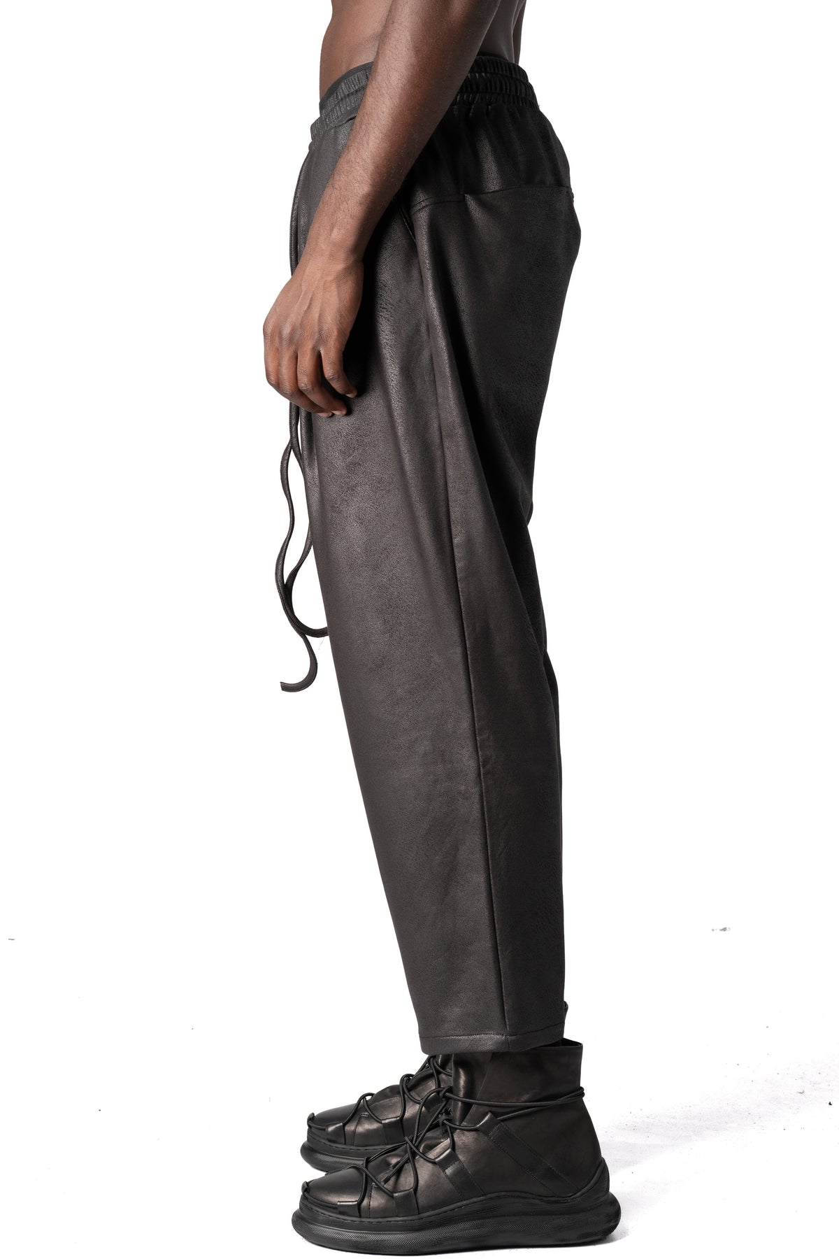 Never Enough | AW26 - Eco vegan leather drawstring pants, Black MPA070