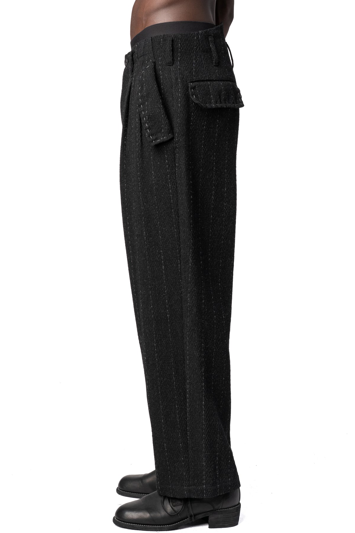 Y's Yohji Yamamoto | AW26 - Hand stitch flap pocket wool tweed pants, Black MW-P21-106
