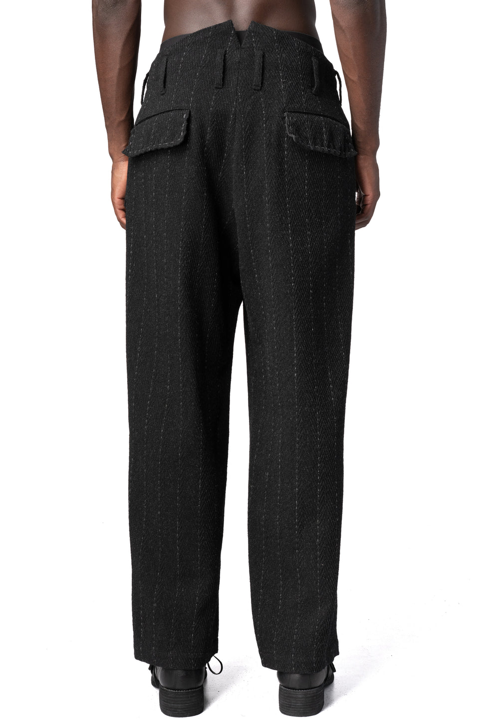 Hand stitch flap pocket wool tweed pants, Black