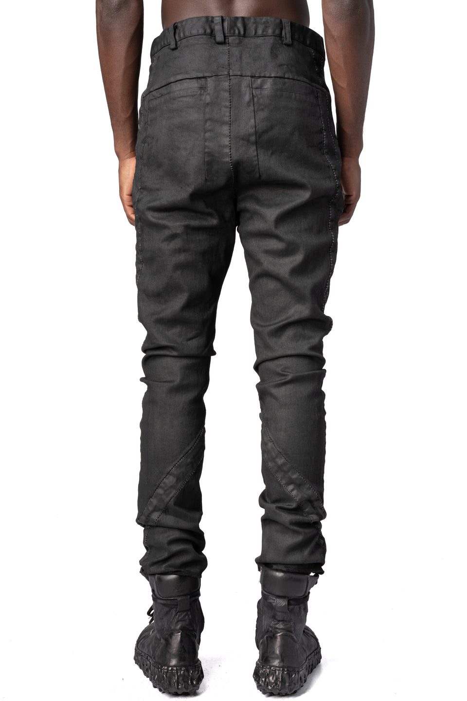 Stretch cotton dropped crotch pants, Black Leather