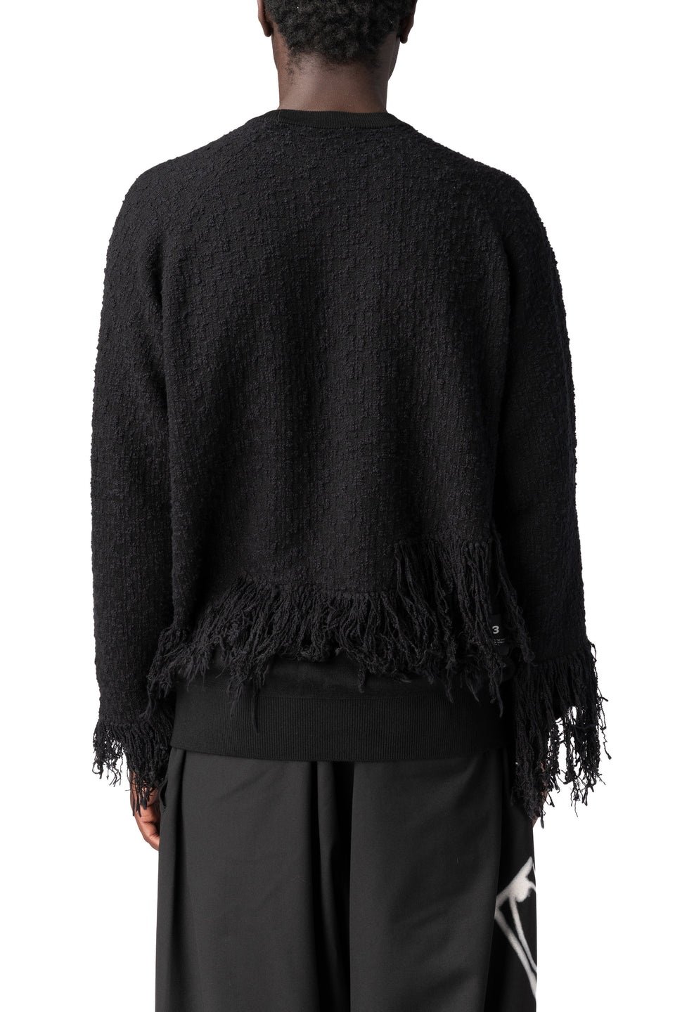 Knitted 3-Stripes fringed wool sweater, Black