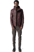 Horse leather high collar blouson, Burgundy